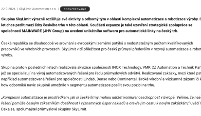 SkyLimit posiluje v oblasti automatizace